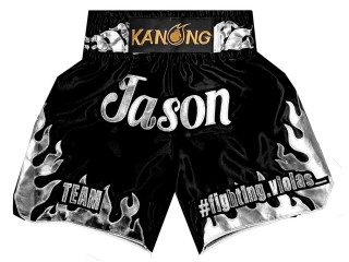 Pantalones de boxeo personalizados : KNBXCUST-2055 - Negro-Plateado