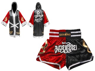 Conjunto de boxeo: bata de boxeo y pantalones cortos de kickboxing : Set-143-Rojo-Negro