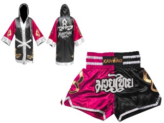 Conjunto de boxeo: bata de boxeo y pantalones cortos de kickboxing : Set-143-Rose-Negro