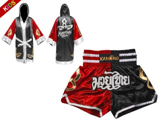 Set de boxeo para niños - Bata y pantalón corto de boxeo :  Model 143-Rojo-Negro