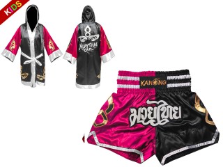 Set de boxeo para niños - Bata y pantalón corto de boxeo : Model 143-Rose-Negro