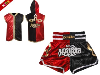 Traje de boxeo para niño - Sudaderas con capucha y pantalones de Muay Thai : Model 143-Rojo-Negro