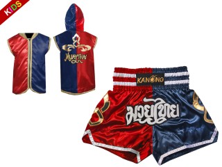 Traje de boxeo para niño - Sudaderas con capucha y pantalones de Muay Thai : Model 143-Rojo-Azul marino