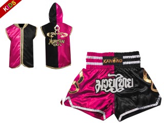 Traje de boxeo para niño - Sudaderas con capucha y pantalones de Muay Thai : Model 143-Rose-Negro