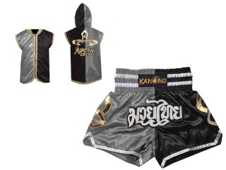Set de boxeo - Sudaderas con capucha y pantalones de Kickboxing : Model 143-Plata-Negro
