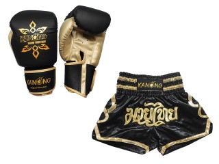 Set de boxeo: guantes de boxeo y pantalones tailandeses personalizados : Set-121-Negro