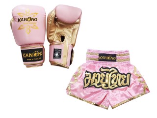 Set de boxeo: guantes de boxeo y pantalones tailandeses personalizados : Set-121-Rosa