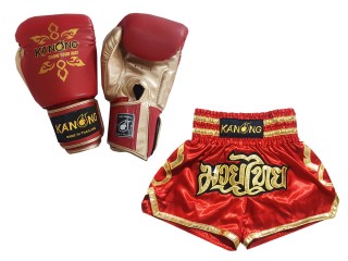 Set de boxeo: guantes de boxeo y pantalones tailandeses personalizados : Set-121-Rojo