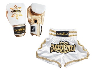 Set de boxeo: guantes de boxeo y pantalones tailandeses personalizados : Set-121-Blanco