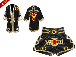 Kanong bata de boxeo y pantalones thai personalizados para niños : Model 121-Negro