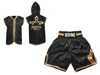 Chaqueta con capucha de ring y Pantalon de boxeo personalizados : KNCUSET-008-Negro-Oro