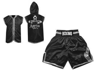 Chaqueta con capucha de ring y Pantalon de boxeo personalizados : KNCUSET-008-Negro-Plata
