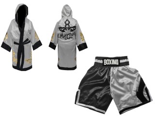 Pantalones y Bata de boxeo personalizados : KNCUSET-105-Negro-Plata
