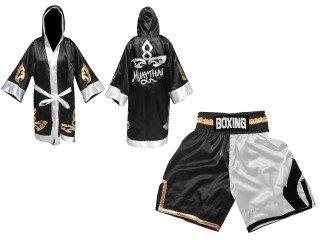 Pantalones y Bata de boxeo personalizados  : KNCUSET-105-Negro-Blanco