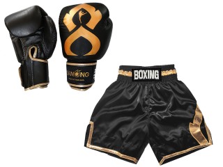 Guantes de boxeo de piel auténtica y shorts de boxeo personalizados : KNCUSET-201-Negro-Oro