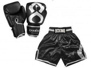 Guantes de boxeo de piel auténtica y shorts de boxeo personalizados : KNCUSET-201-Negro-Plata
