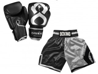 Guantes de boxeo de piel auténtica y shorts de boxeo personalizados : KNCUSET-202-Negro-Plata