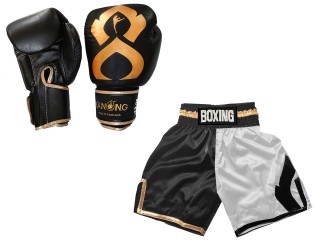 Guantes de boxeo de piel auténtica y shorts de boxeo personalizados : KNCUSET-202-Negro-Blanco