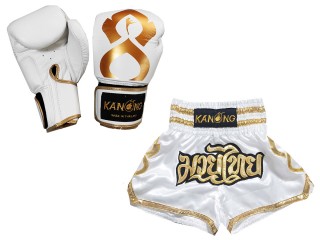 Set de boxeo: Guantes de boxeo de piel auténtica y Pantalones personalizados : Set-121-Thaikick-Blanco