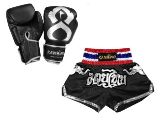 Set de boxeo: Guantes de boxeo de piel auténtica y Pantalones personalizados : Set-125-Gloves-Thaikick-Negro