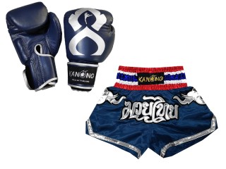 Set de boxeo: Guantes de boxeo de piel auténtica y Pantalones personalizados : Set-125-Gloves-Thaikick-Azul marino