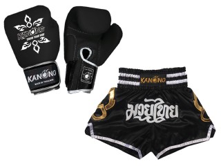 Set de boxeo: Guantes de boxeo de piel auténtica y Pantalones tailandés personalizados : Set-143-Gloves-Negro