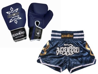 Set de boxeo: Guantes de boxeo de piel auténtica y Pantalones tailandés personalizados : Set-143-Gloves-Azul marino