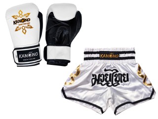 Set de boxeo: Guantes de boxeo de piel auténtica y Pantalones tailandés personalizados : Set-143-Gloves-Blanco