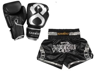 Set de boxeo: Guantes de boxeo de piel auténtica y Pantalones tailandés personalizados : Set-144-Gloves-Negro-Plata