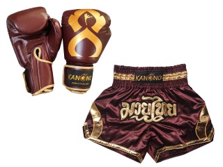 Set de boxeo: Guantes de boxeo de piel auténtica y Pantalones tailandés personalizados : Set-144-Gloves-Granate