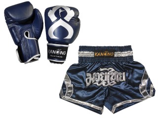 Set de boxeo: Guantes de boxeo de piel auténtica y Pantalones tailandés personalizados : Set-144-Gloves-Azul marino