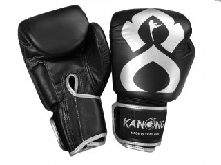 Guantes de boxeo de cuero genuino Kanong : "Thai Kick" Negro-Plata