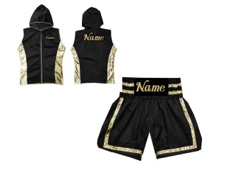 Chaqueta de ring y Pantalon de boxeo personalizados : KNCUSET-007-Negro-Oro