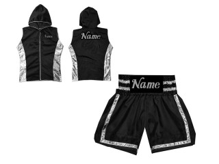 Chaqueta con capucha de ring y Pantalon de boxeo personalizados : KNCUSET-007-Negro-Plata