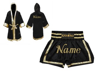 Kit de boxeo: Bata y Pantalones de boxeo tailandés : Set-140-Negro-Oro
