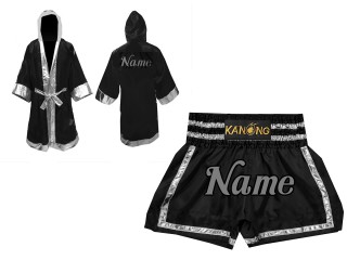 Kit de boxeo: Bata y Pantalones de boxeo tailandés : Set-140-Negro-Plata