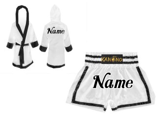 Set de boxeo - Bata de boxeo y pantalones cortos de boxeo tailandés : Set-140-Blanco-Negro