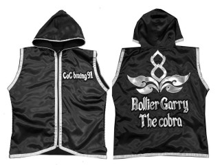 Chaqueta con capucha de boxeo personalizada : KNHODCUST-001-Negro-Plata