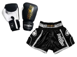 Regalos de boxeo personalizados: guantes de boxeo y pantalones cortos tailandeses personalizados : Set-208-Negro