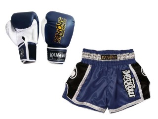 Regalos de boxeo personalizados: guantes de boxeo y pantalones cortos tailandeses personalizados : Set-208-Azul marino