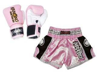 Regalos de boxeo personalizados: guantes de boxeo y pantalones cortos tailandeses personalizados : Set-208-Rosa