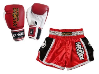 Regalos de boxeo personalizados: guantes de boxeo y pantalones cortos tailandeses personalizados : Set-208-Rojo