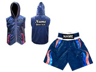 Chaqueta con capucha de ring y Pantalon de boxeo personalizados : Azul marino con rayas