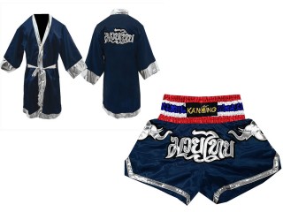 Kit de boxeo: Bata y Pantalones de boxeo tailandés : 125-Azul marino