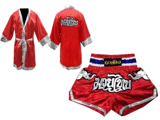 Kit de boxeo: Bata y Pantalones de boxeo tailandés : 125-Rojo