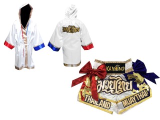 Kit de boxeo: Bata y Pantalones de boxeo tailandés : 128-Blanco